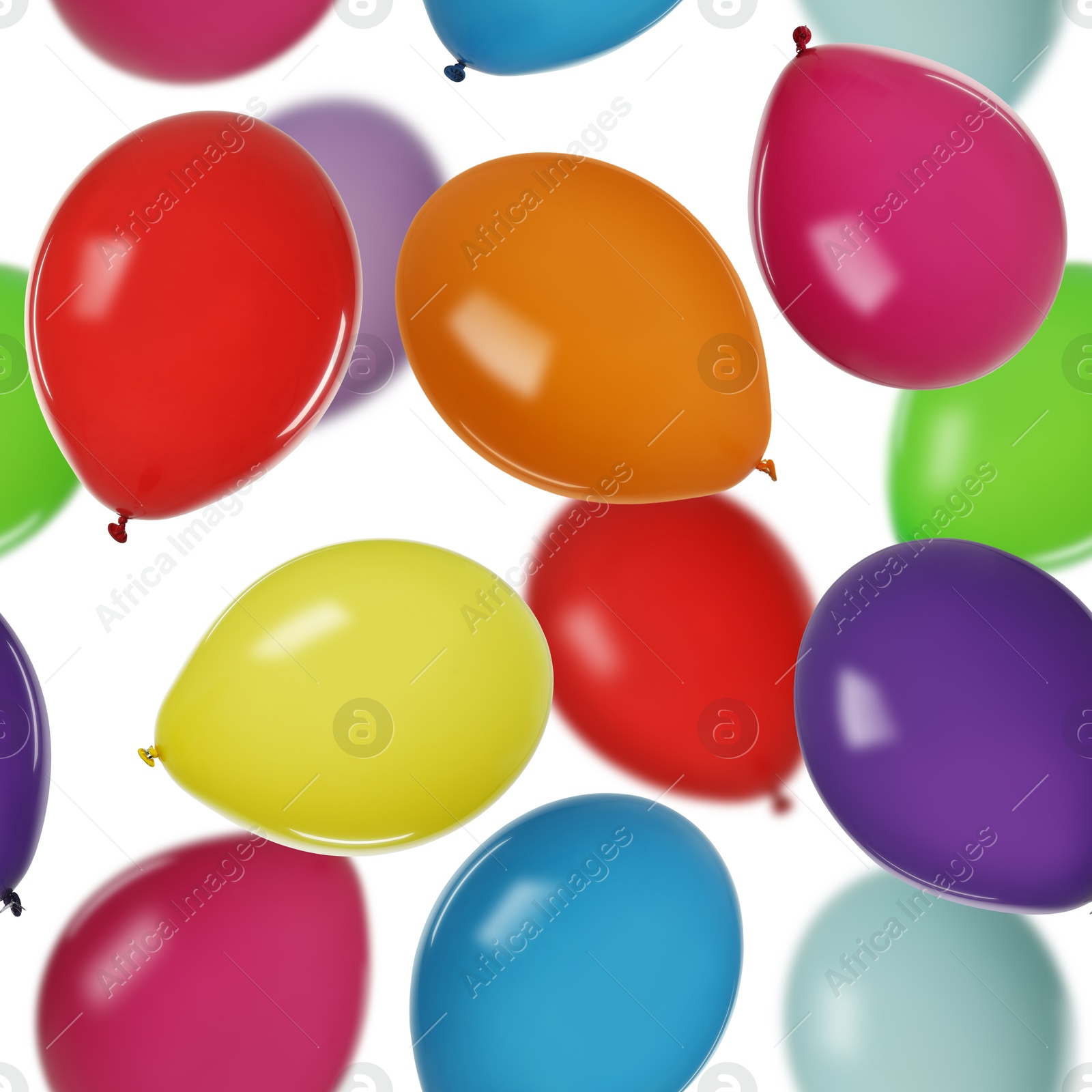 Image of Many colorful balloons in air on white background. Birthday or other party decoration