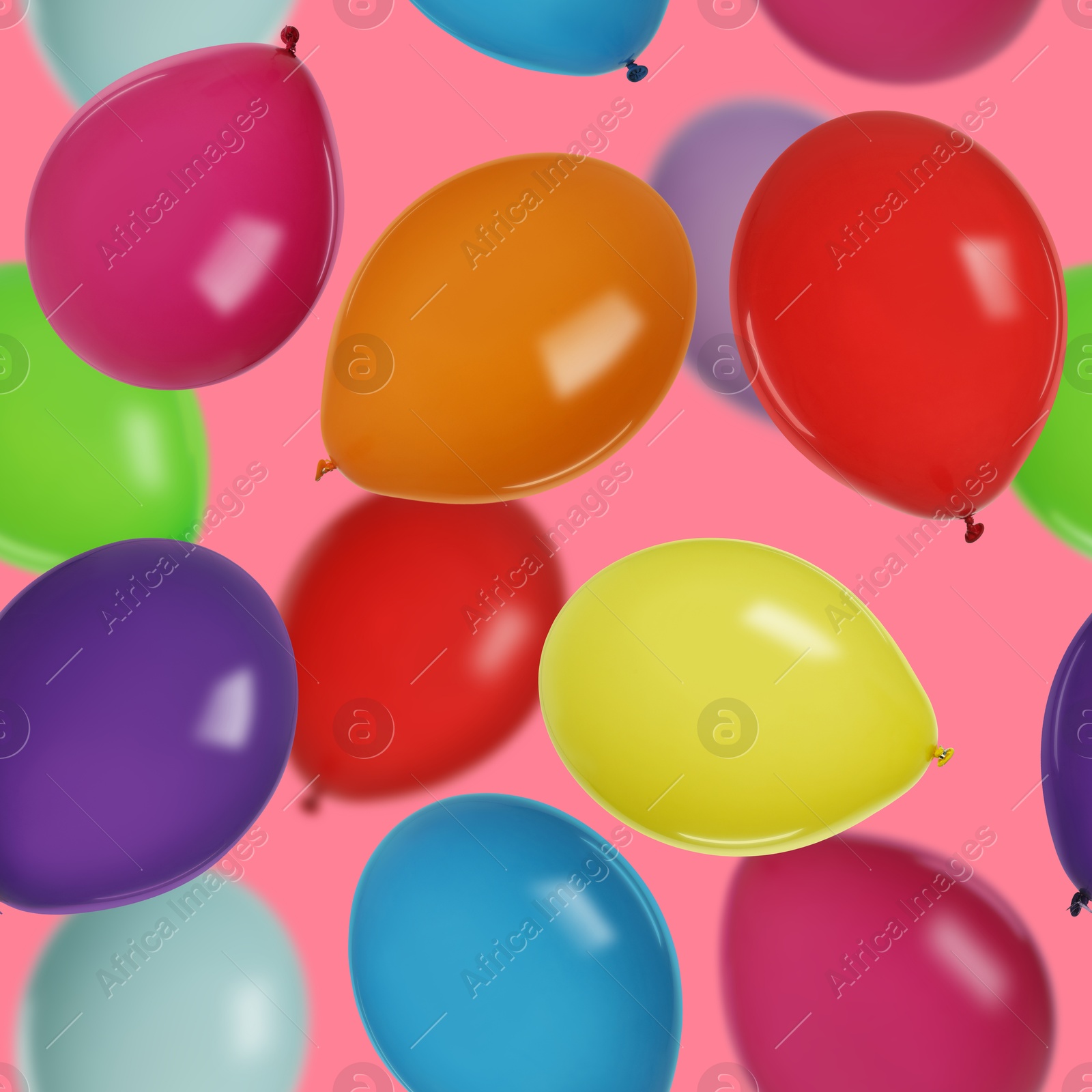 Image of Many colorful balloons in air on pink background. Birthday or other party decoration