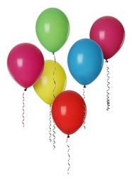 Many colorful balloons in air on white background. Birthday or other party decoration