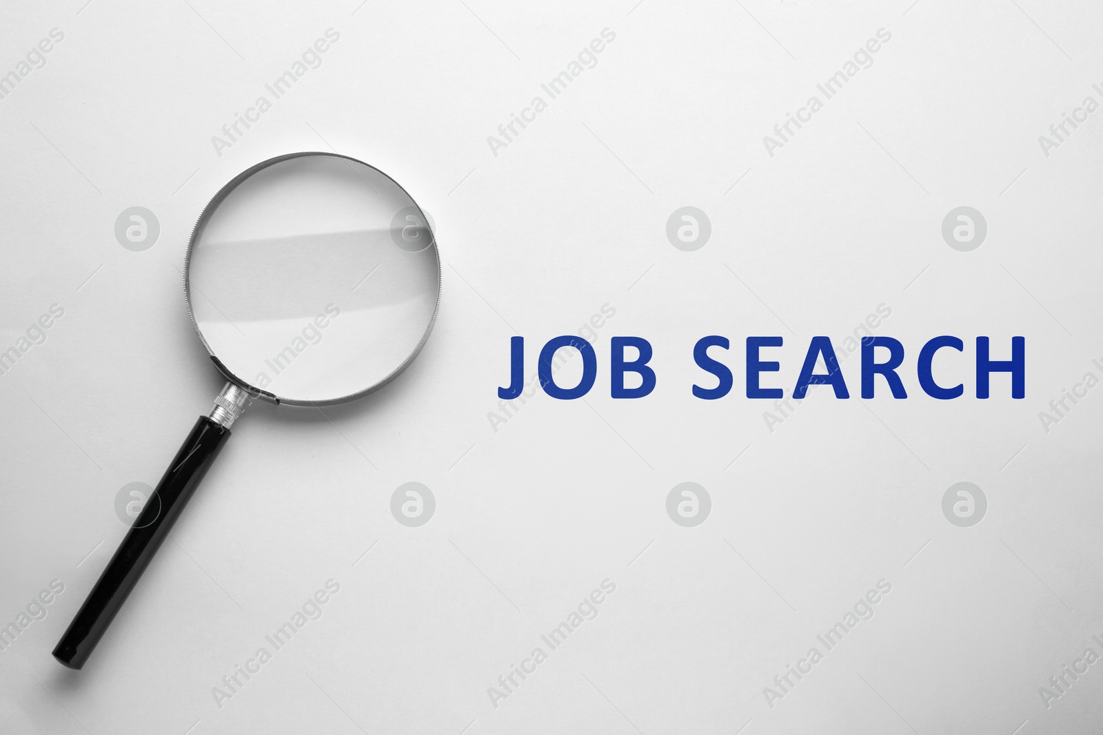 Image of Job Search words and magnifying glass on white background, top view