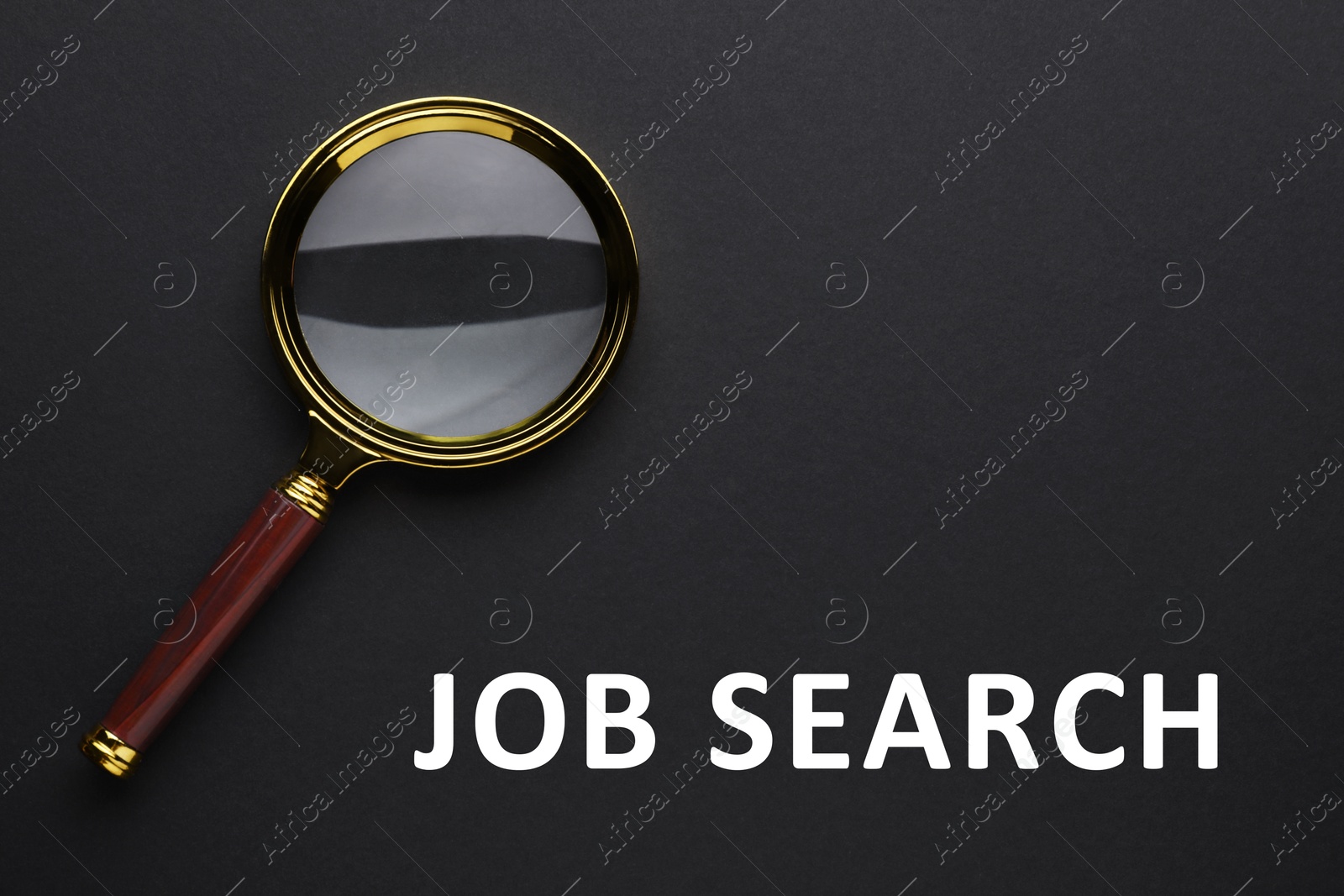 Image of Job Search words and magnifying glass on black background, top view