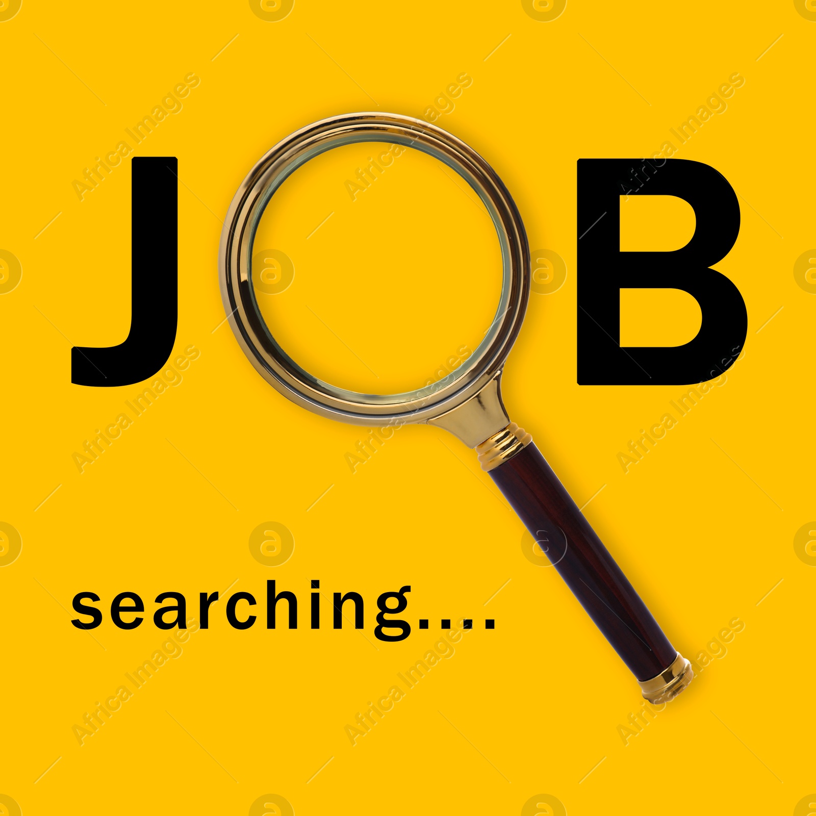 Image of Job search concept. Magnifying glass instead of letter O on yellow background, top view