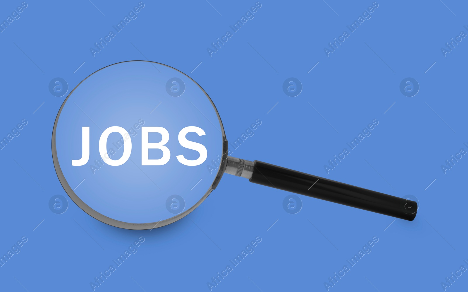 Image of Job search concept. Word on blue background, view through magnifying glass