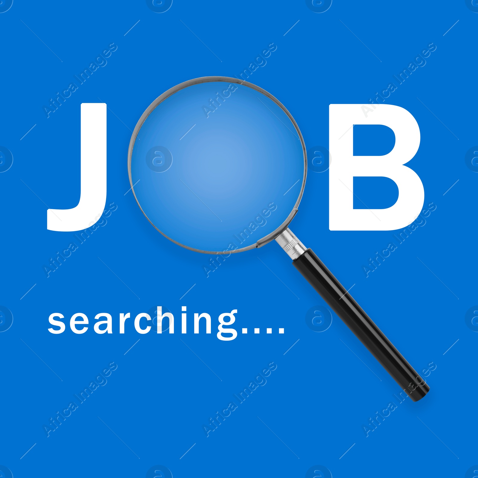 Image of Job search concept. Magnifying glass instead of letter O on blue background, top view