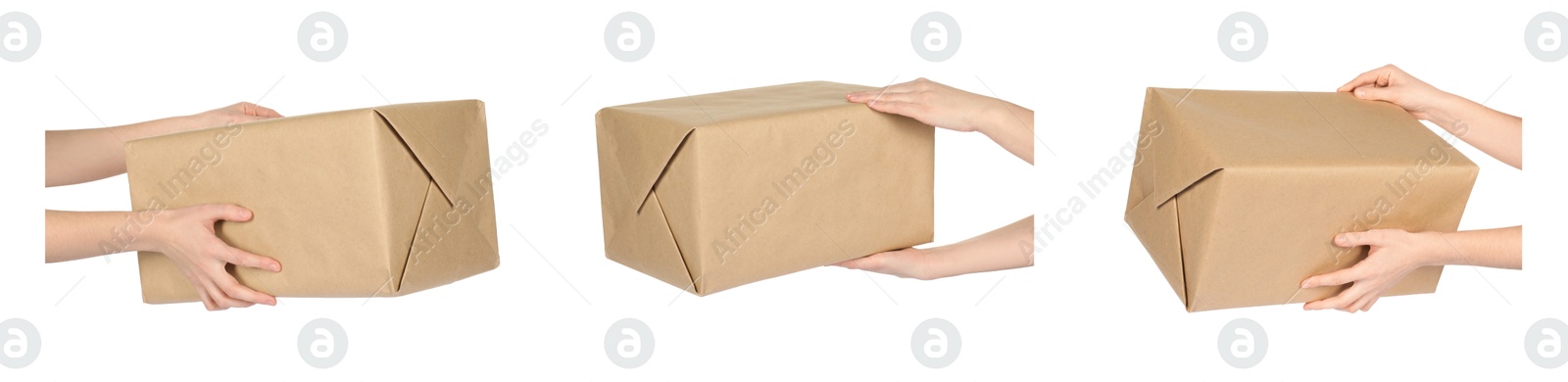 Image of Woman holding parcel on white background, closeup. Collage