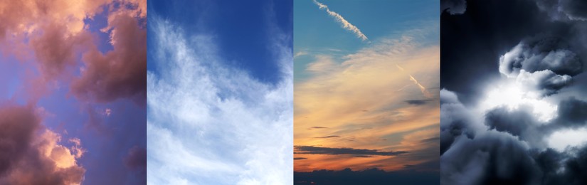 Sky in different weather and time of day, collage. Banner design