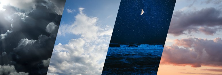 Sky in different weather and time of day, collage. Banner design