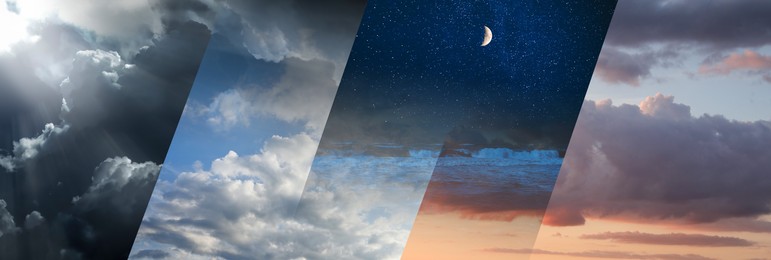 Image of Sky in different weather and time of day, collage. Banner design