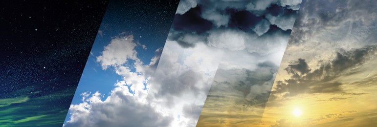 Sky in different time of day, collage. Banner design