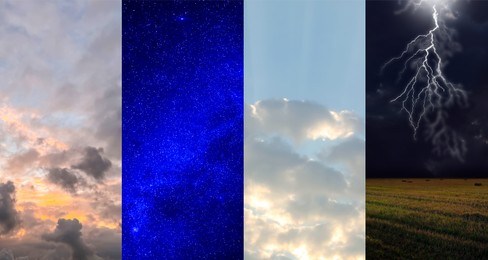 Sky in different weather and time of day, collage. Banner design