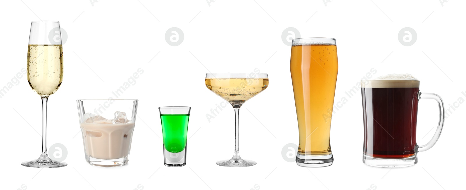 Image of Absinthe and other alcohol drinks isolated on white, set