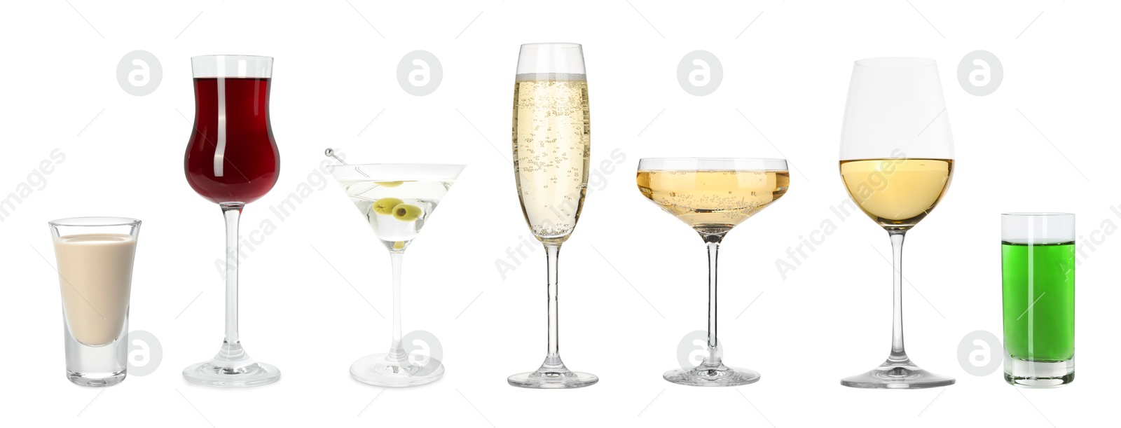 Image of Absinthe and other alcohol drinks isolated on white, set