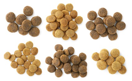 Image of Dry pet food for dogs isolated on white, top view