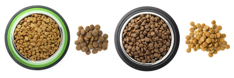 Image of Dry pet food for dogs isolated on white, top view