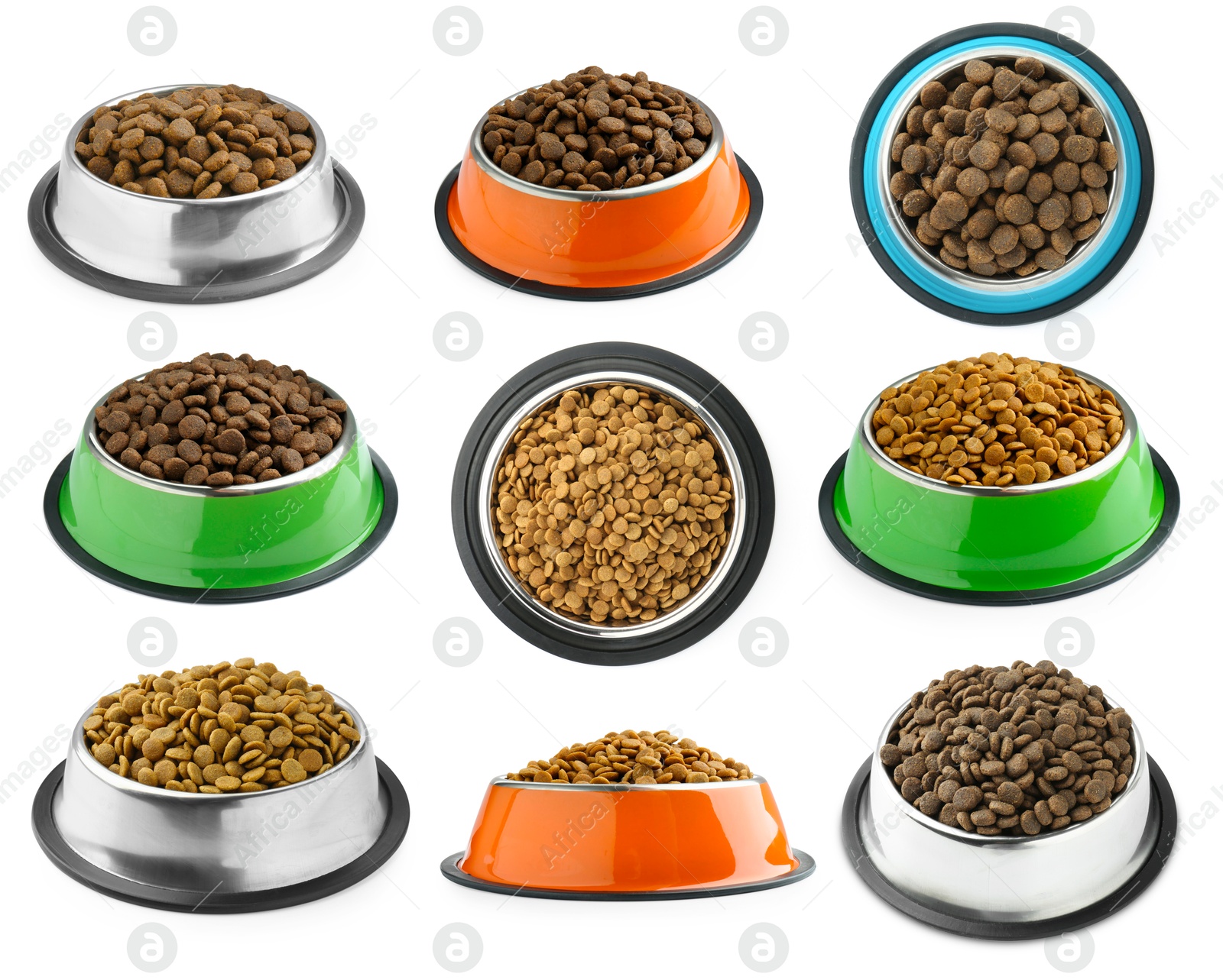 Image of Dry pet food for dogs in feeding bowls isolated on white, top and side views