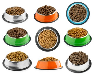 Image of Dry pet food for dogs in feeding bowls isolated on white, top and side views