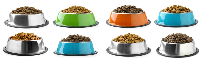 Image of Dry pet food for dogs in feeding bowls isolated on white, set