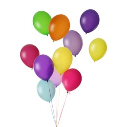 Image of Many colorful balloons in air on white background. Birthday or other party decoration