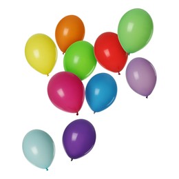 Image of Many colorful balloons in air on white background. Birthday or other party decoration