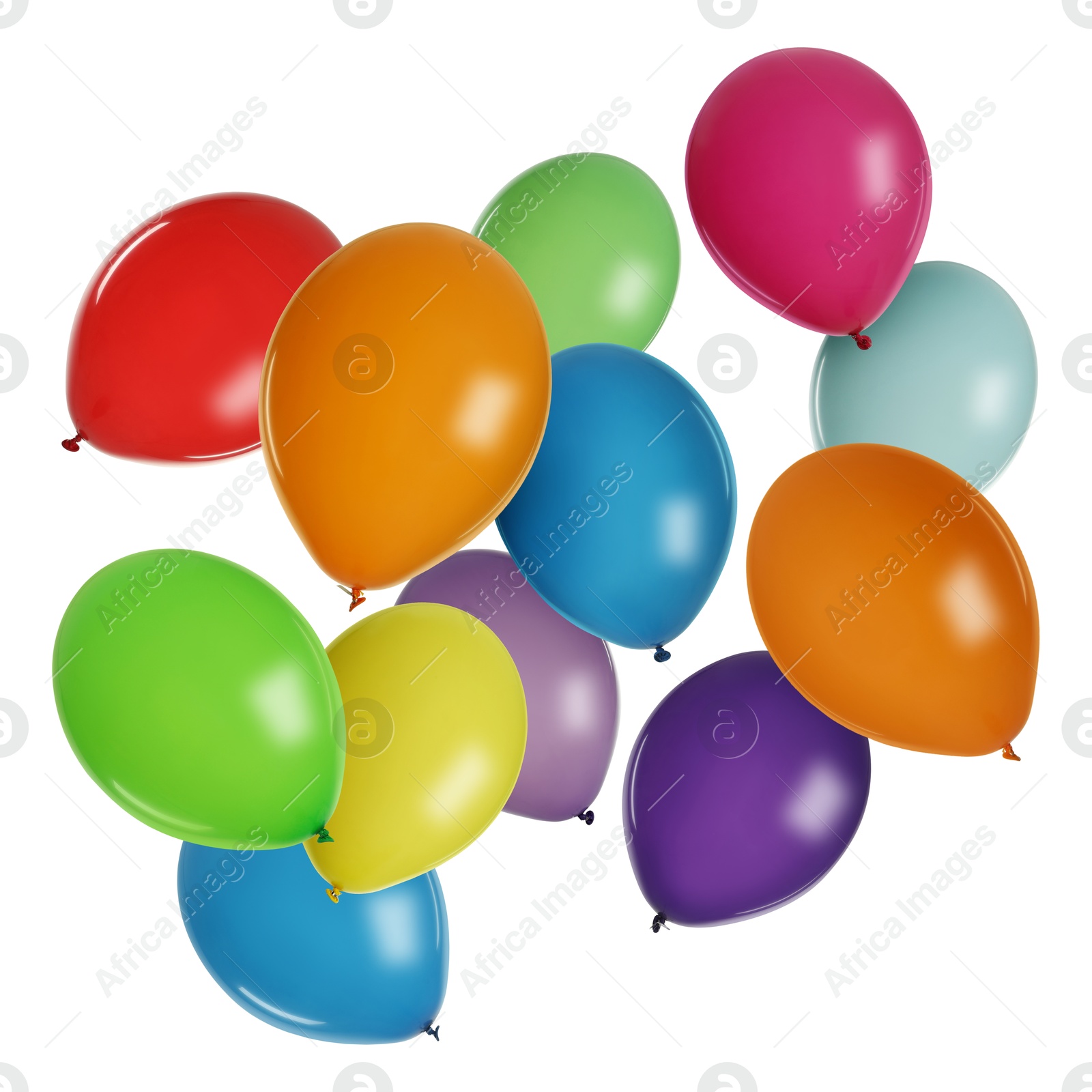 Image of Many colorful balloons in air on white background. Birthday or other party decoration