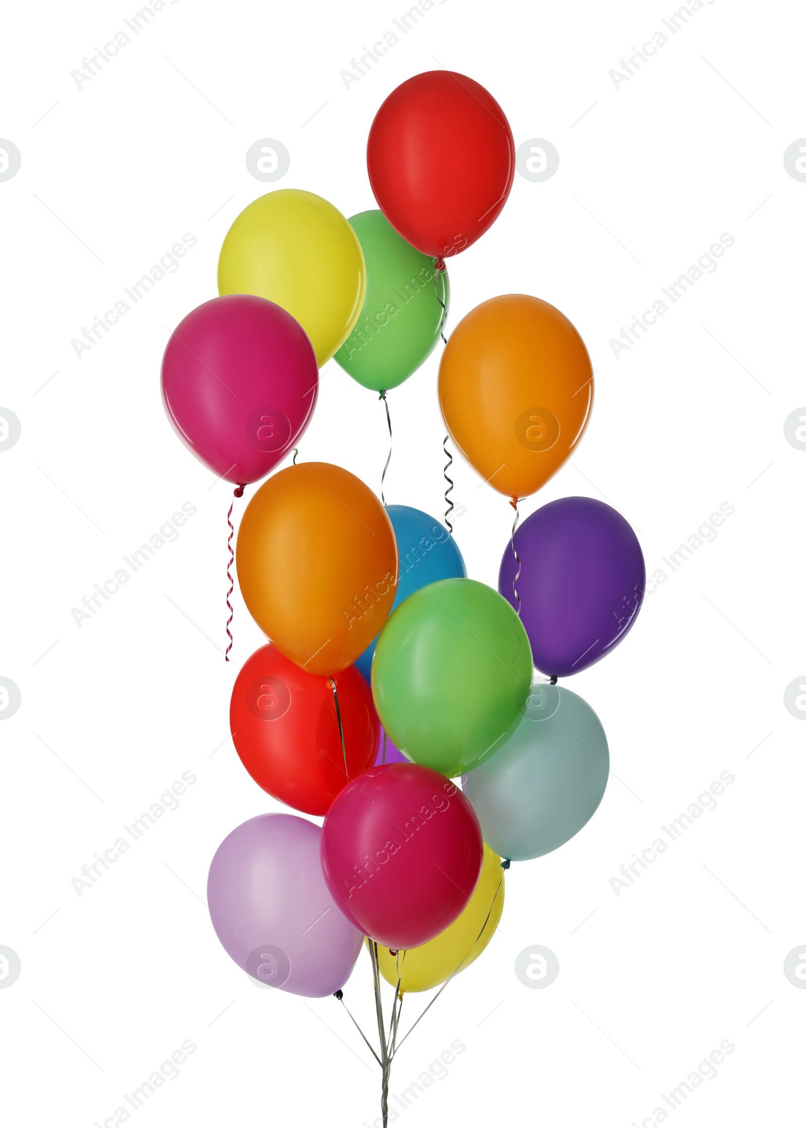 Image of Many colorful balloons in air on white background. Birthday or other party decoration