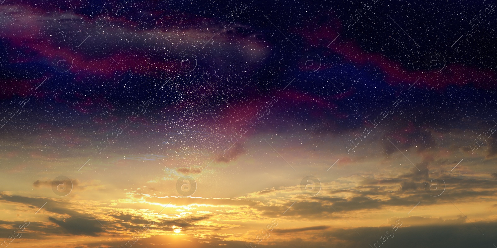 Image of Sky in different time of day, collage. Morning or evening and deep night. Banner design