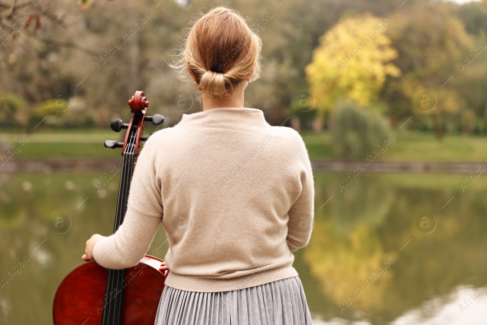 Photo of Young woman with cello in park, back view. Space for text