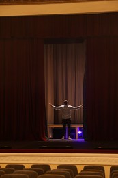 Professional actor rehearsing on stage in theatre, back view