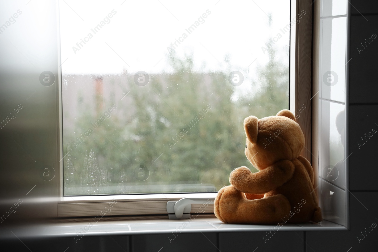 Photo of Lonely teddy bear near window on rainy day. Space for text