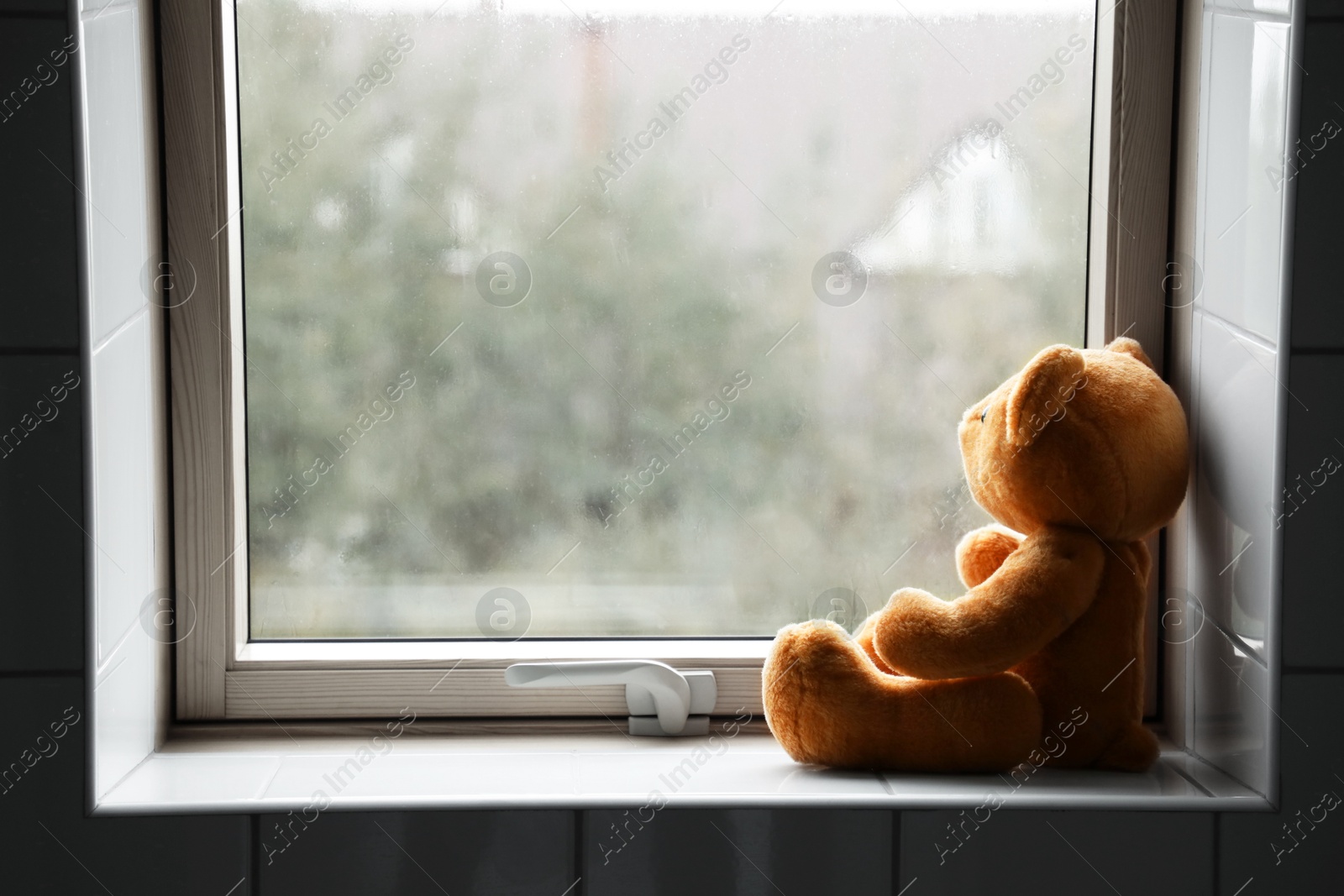 Photo of Lonely teddy bear near window on rainy day. Space for text