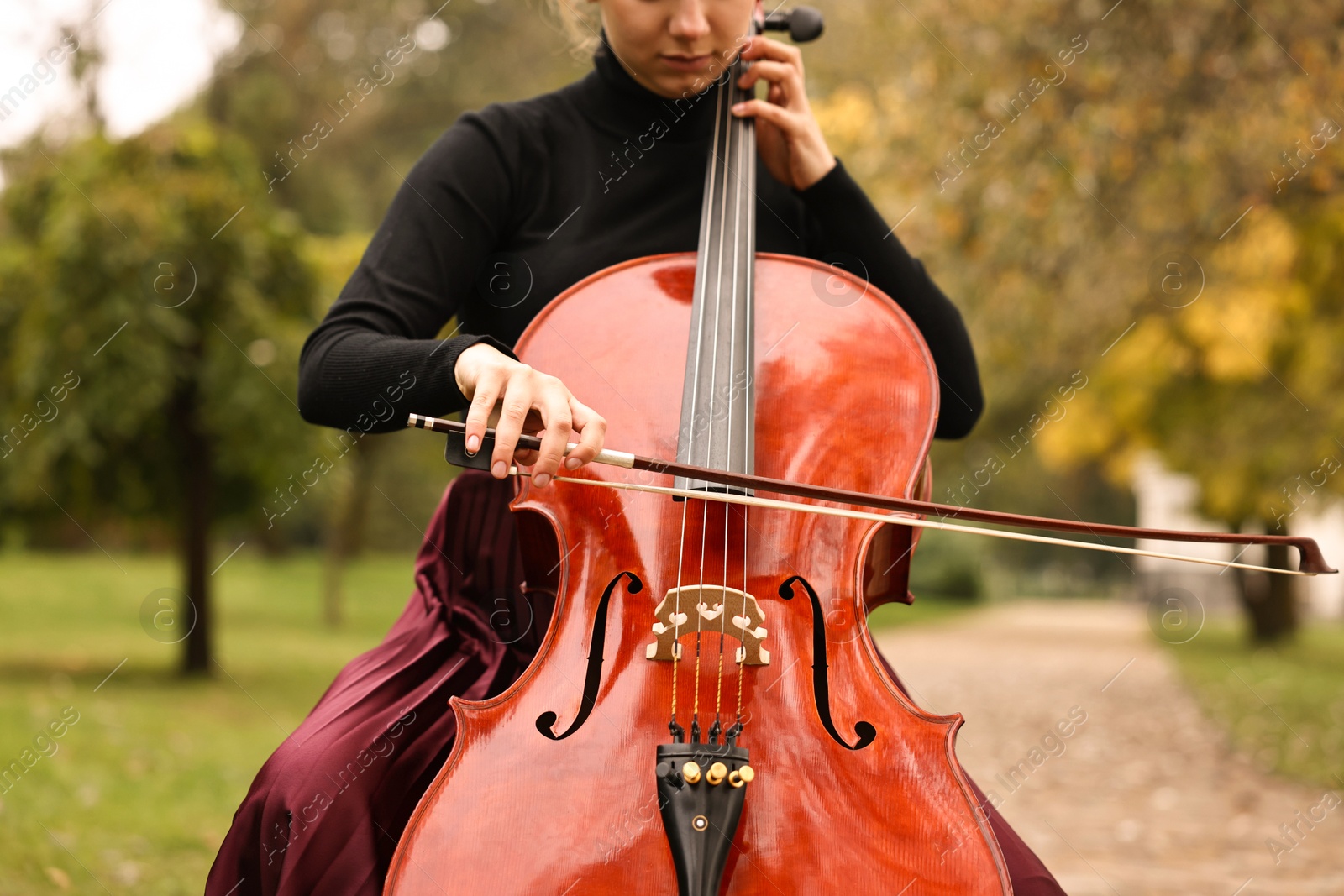 Photo of Young woman playing cello in park, closeup