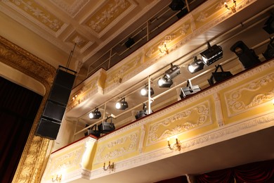 Photo of Professional spotlights in theatre, low angle view