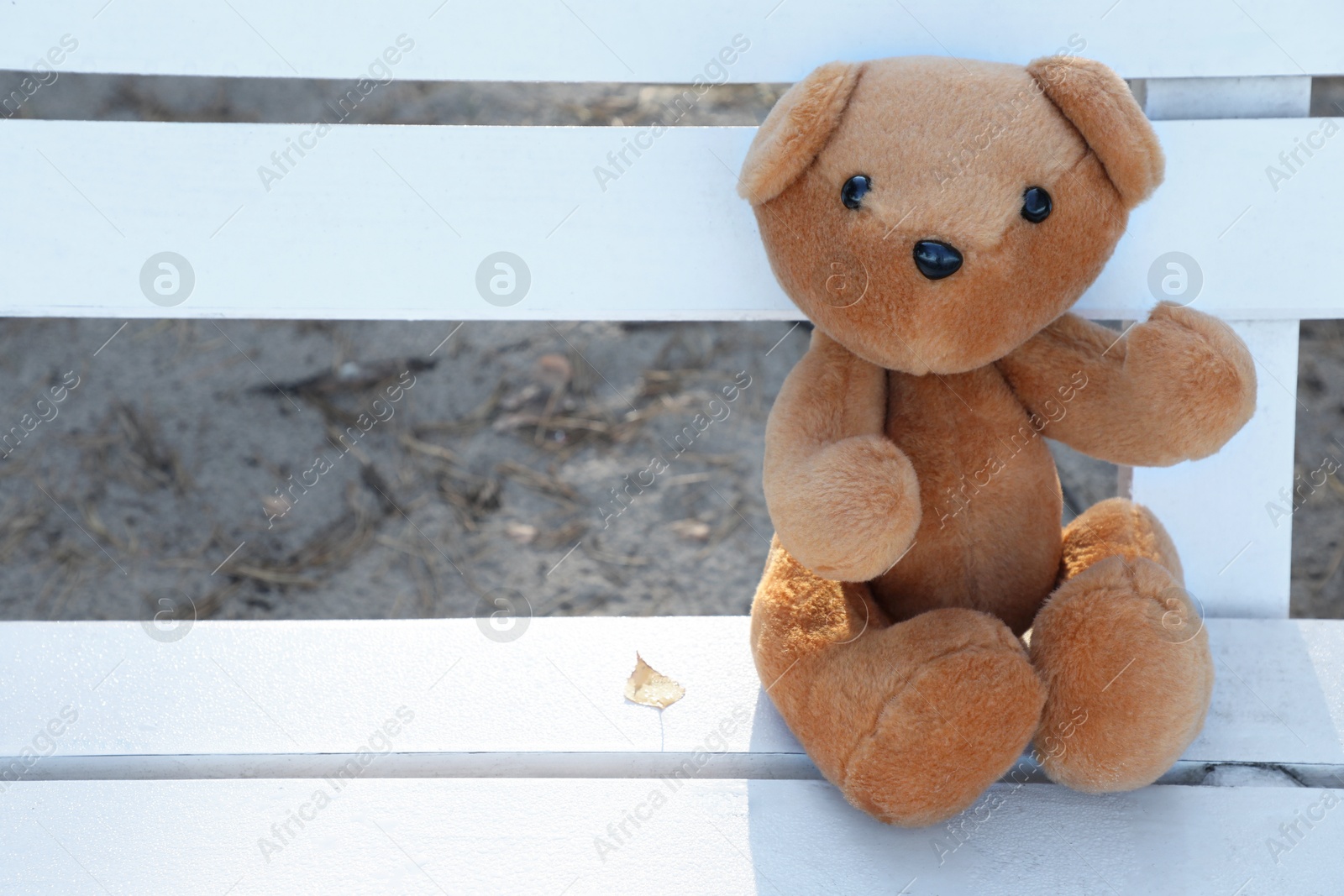 Photo of Lonely teddy bear on bench in park