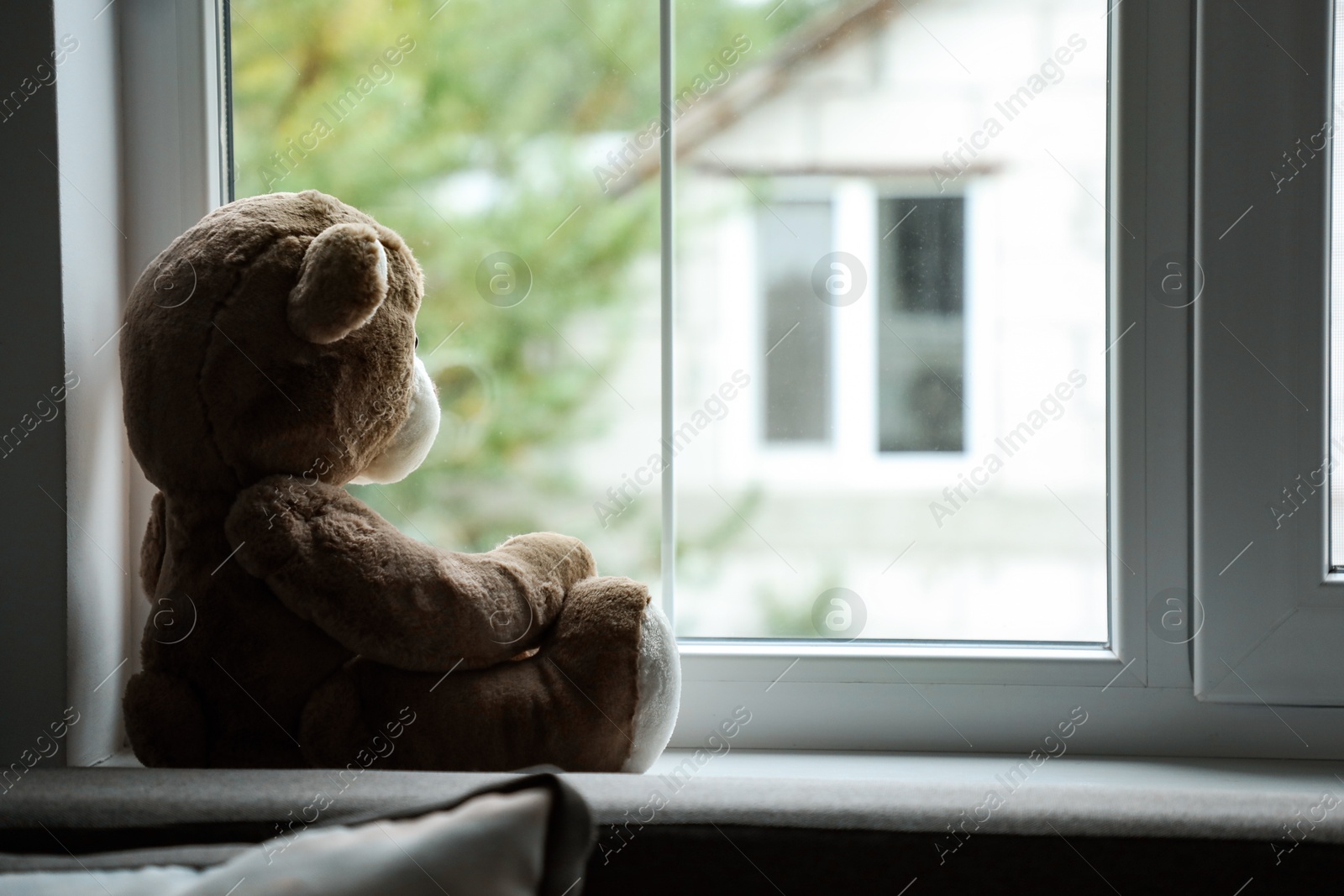 Photo of Lonely teddy bear near window. Space for text