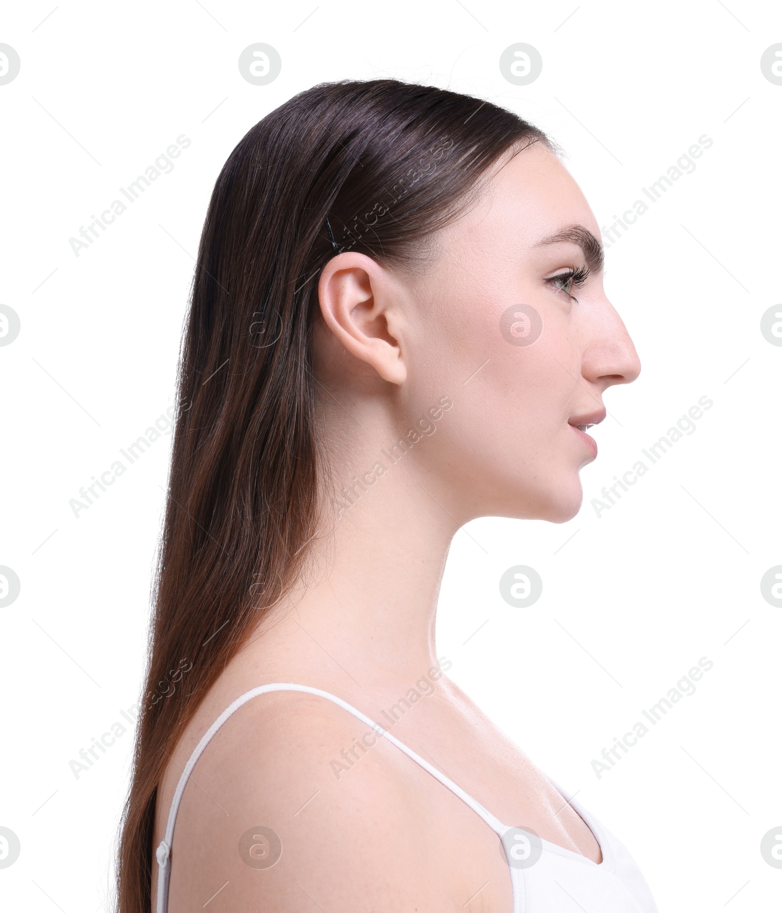 Photo of Portrait of beautiful woman on white background