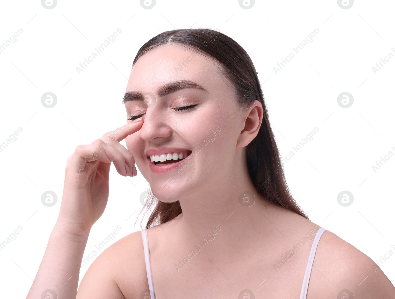 Photo of Woman touching her nose on white background