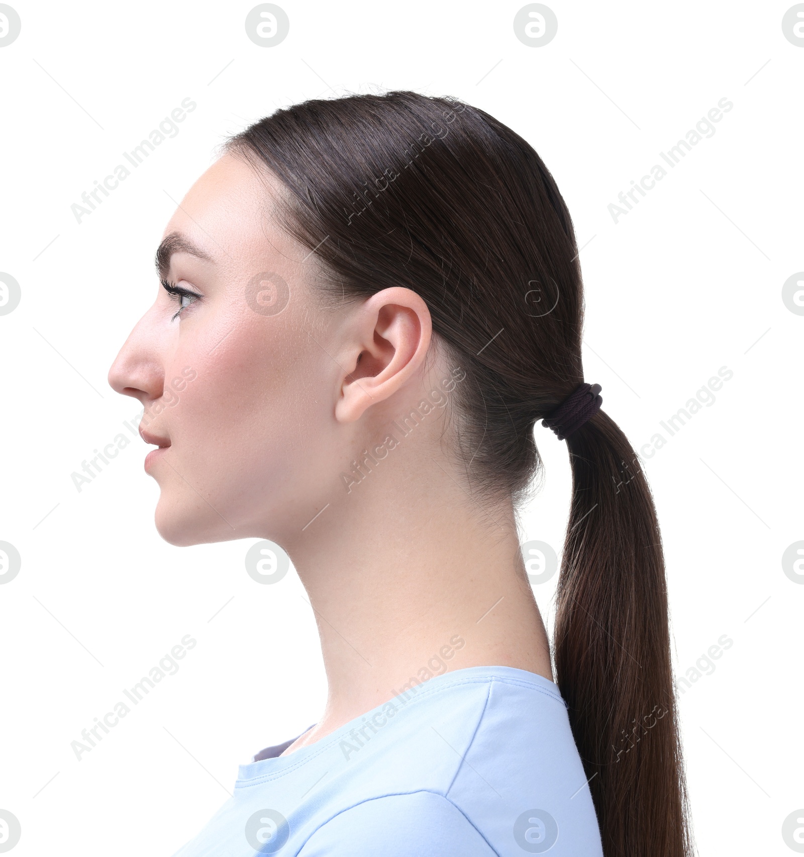 Photo of Portrait of beautiful woman on white background