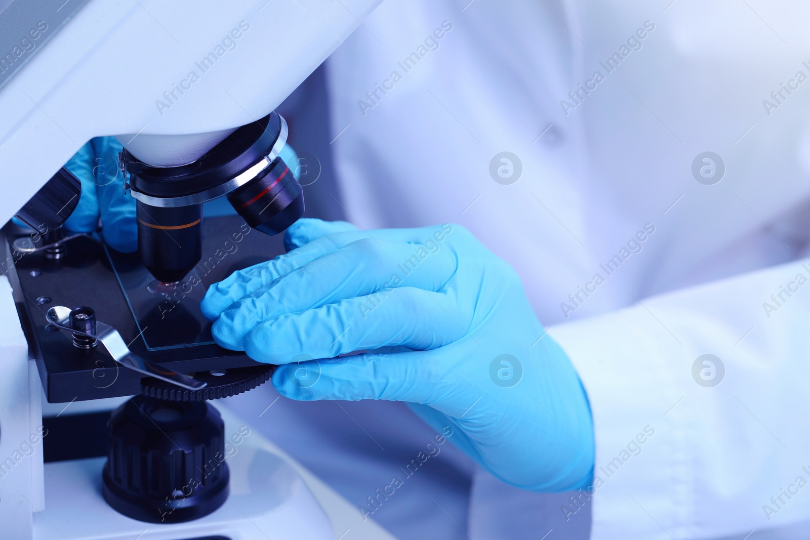 Photo of Scientist examining sample on slide under microscope, closeup