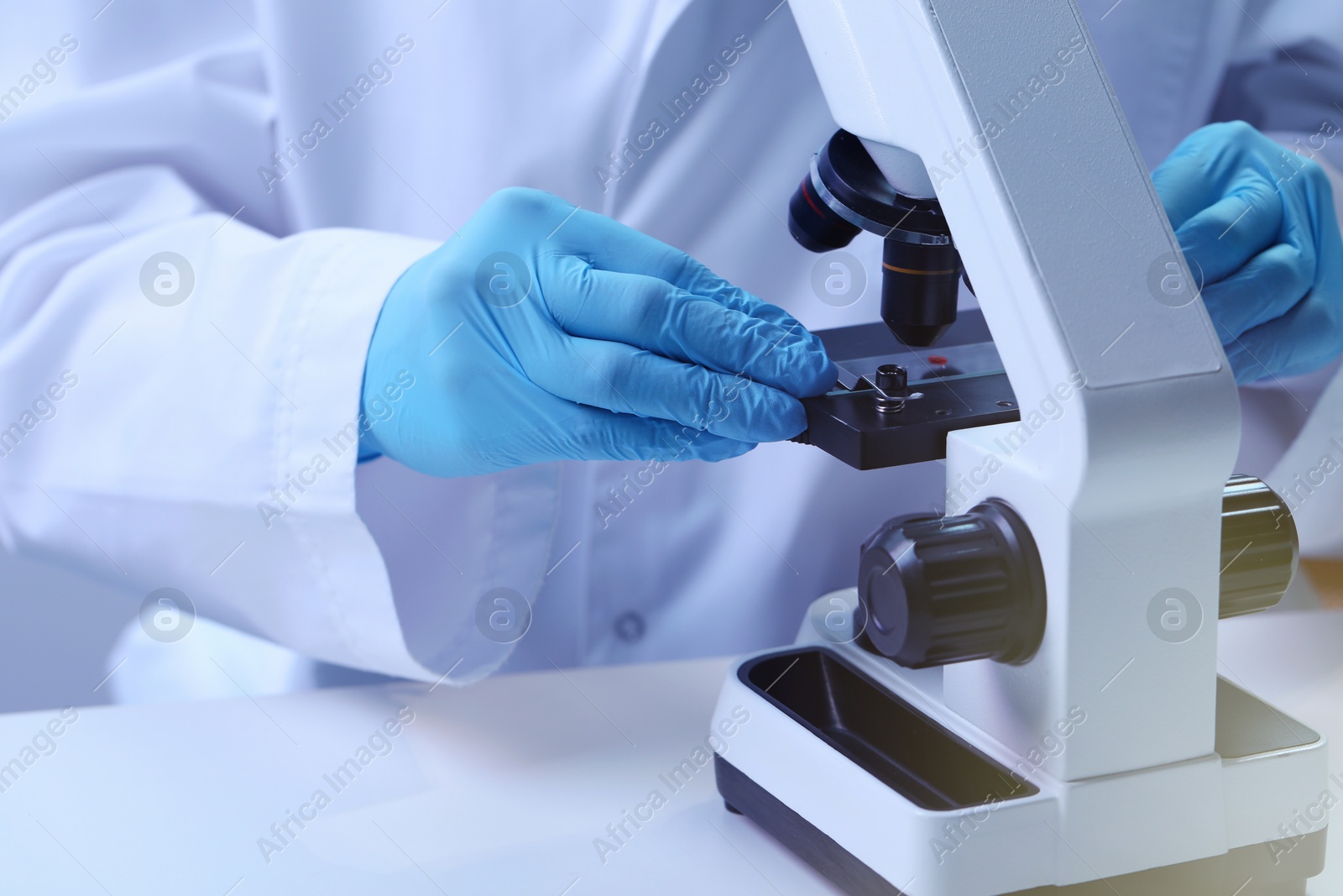 Photo of Scientist examining sample on slide under microscope at table, closeup