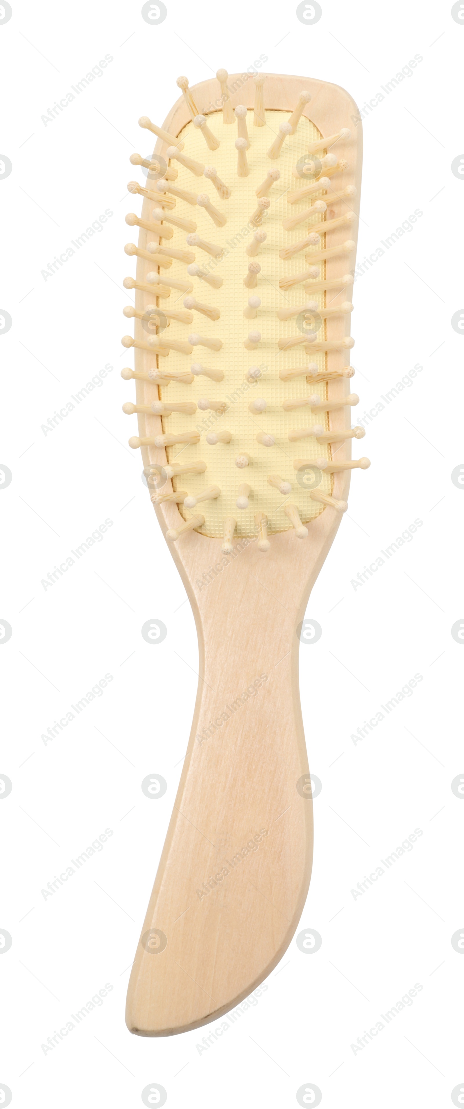 Photo of New wooden hair brush isolated on white, top view