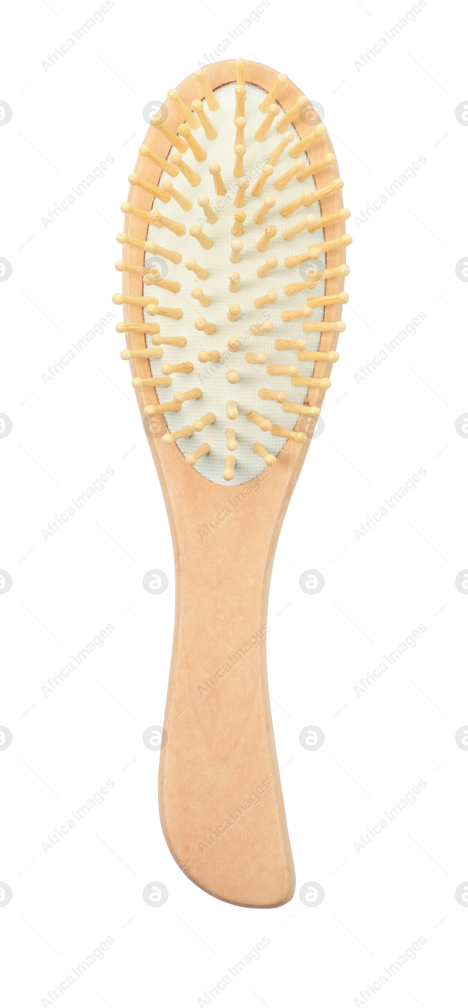 Photo of New wooden hair brush isolated on white, top view