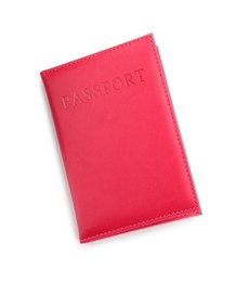 Photo of Passport in crimson cover isolated on white, top view