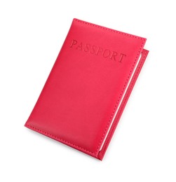 Photo of Passport in crimson cover isolated on white, top view