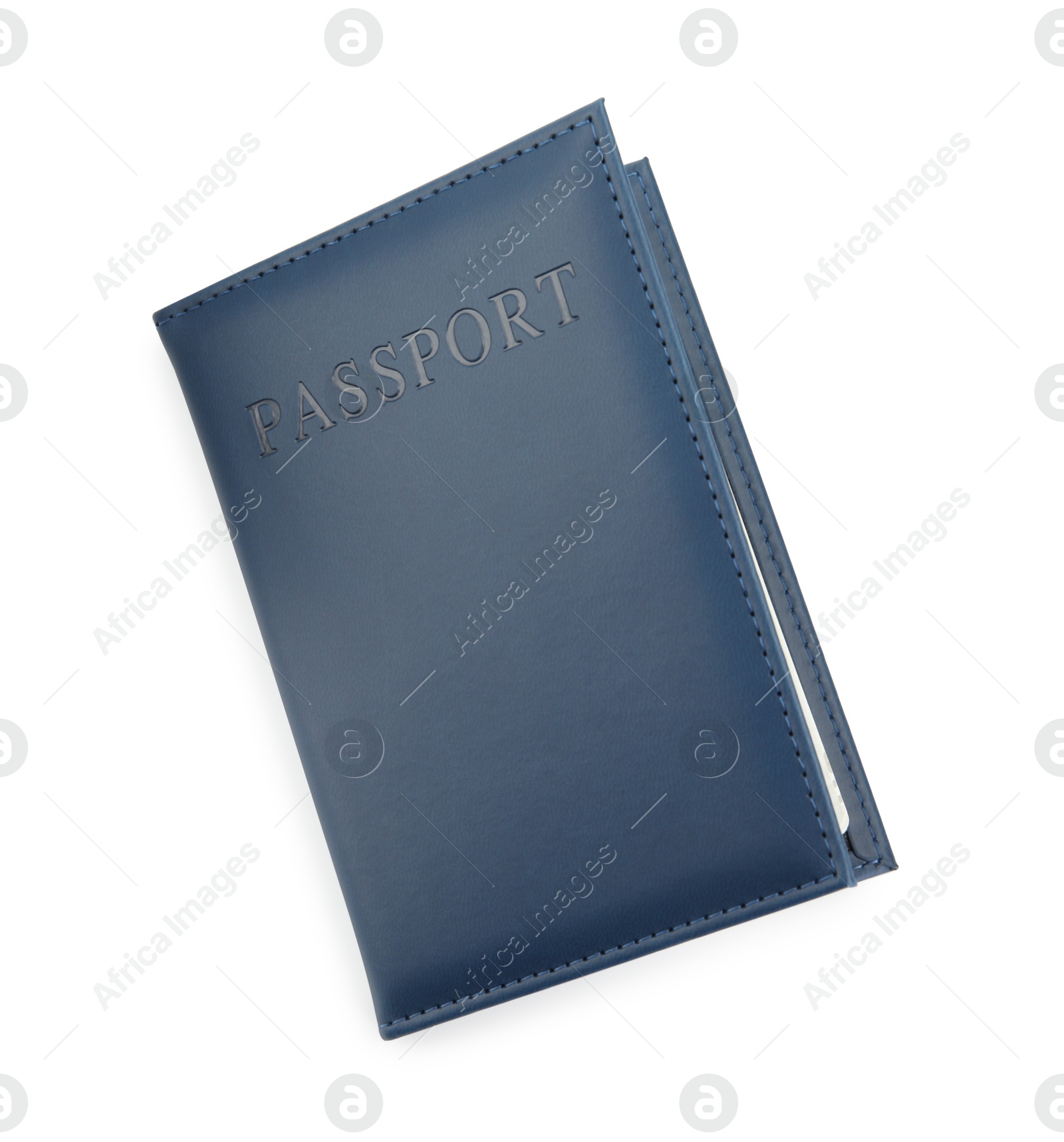 Photo of Passport in dark blue cover isolated on white, top view