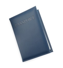 Photo of Passport in dark blue cover isolated on white, top view