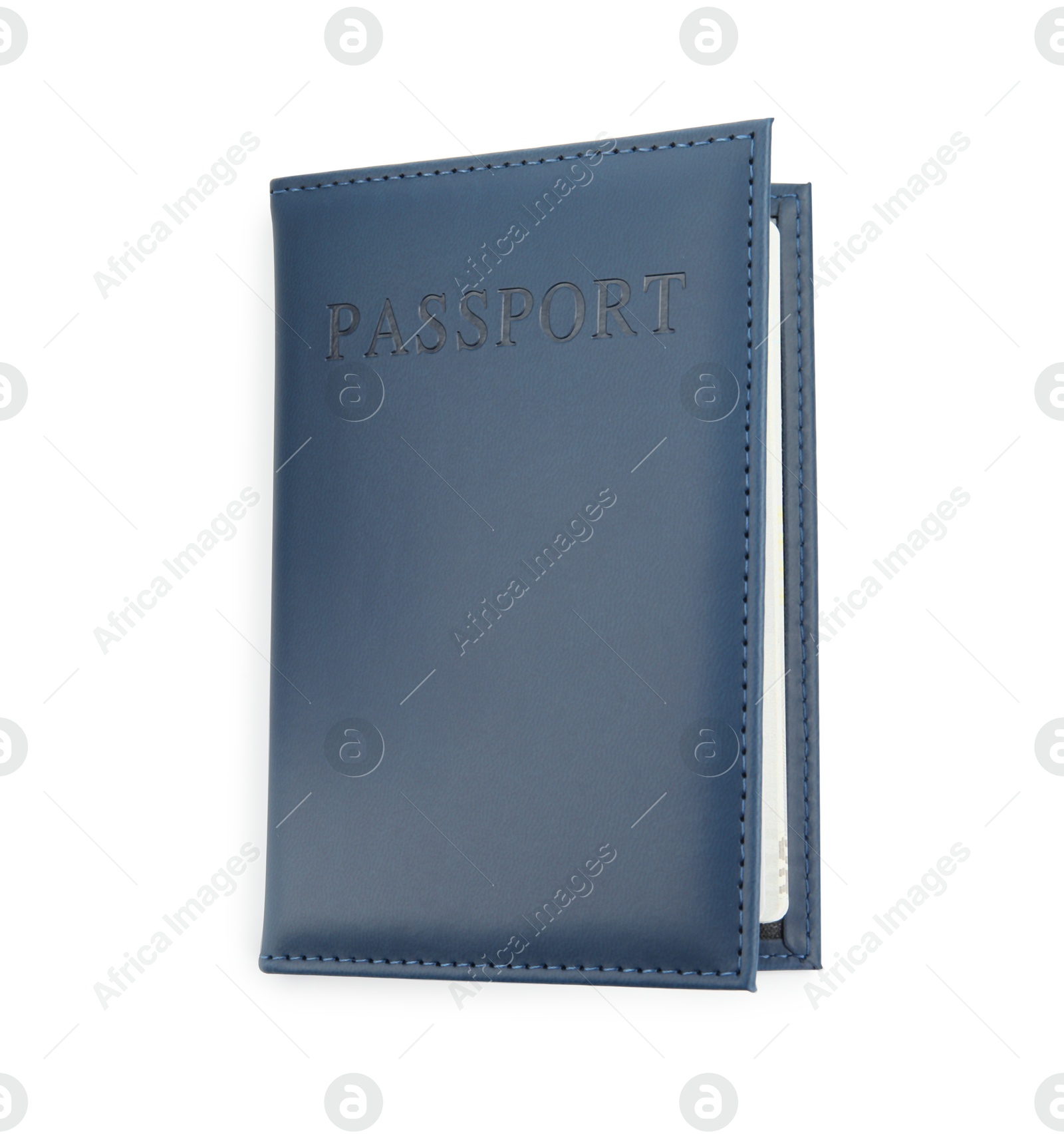 Photo of Passport in dark blue cover isolated on white, top view