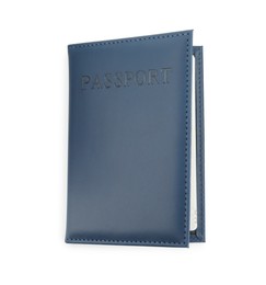 Photo of Passport in dark blue cover isolated on white, top view