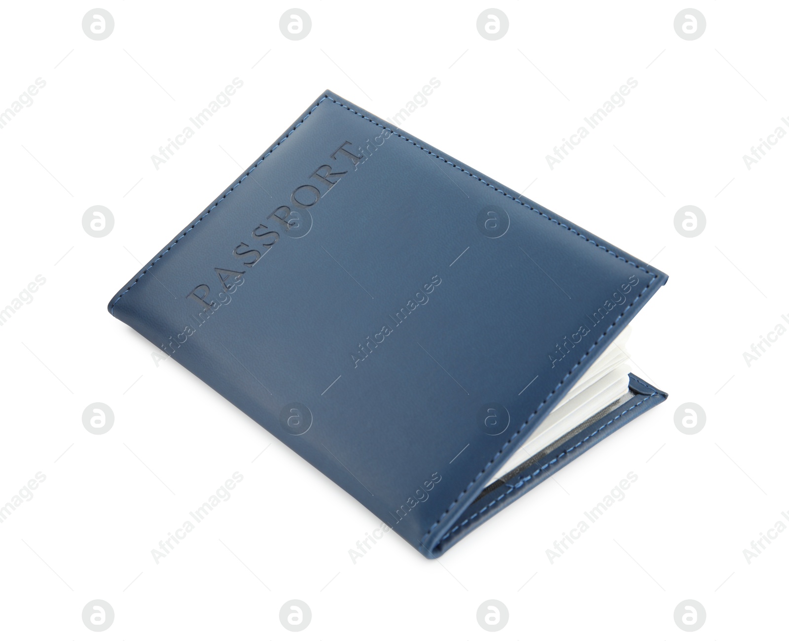 Photo of Passport in dark blue cover isolated on white