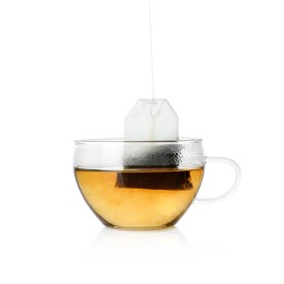 Photo of Cup with tea bag isolated on white