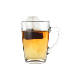 Photo of Cup with teabag isolated on white. Brewing aromatic tea